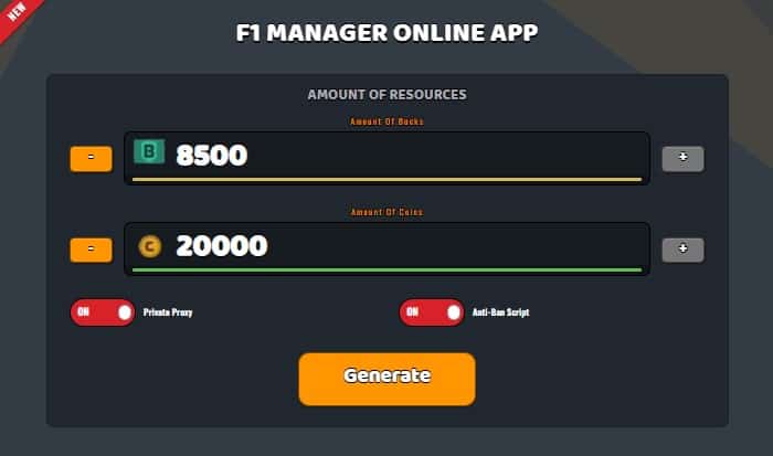 F1 Manager free bucks and coins generator
