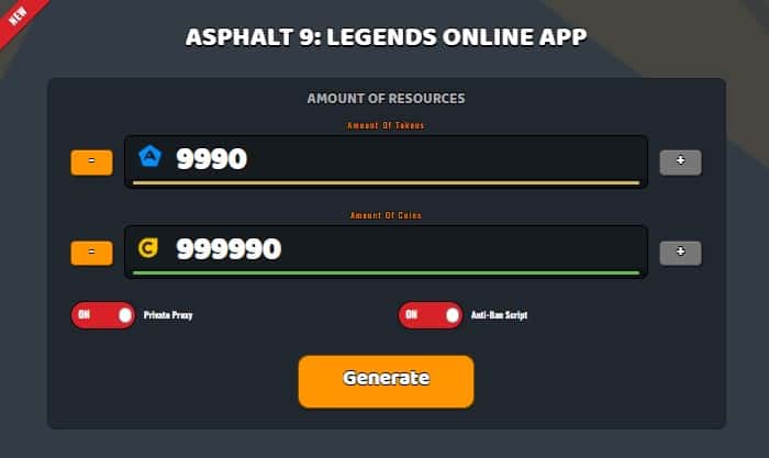 Asphalt 9 Legends tokens and coins generator